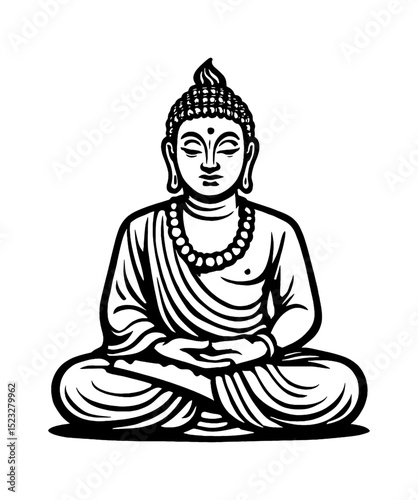Buddha Sitting in Meditation Pose with Peaceful Expression in Black and White Vector Art