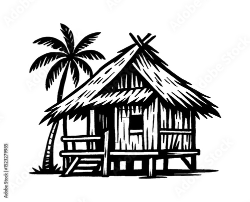 Isolated Black and White Hut with Palm Tree Vector Illustration Simple Graphic
