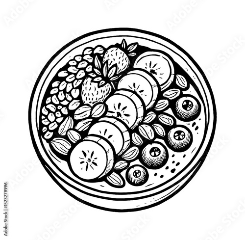 Top View of a Bowl with Assorted Fresh Fruits and Nuts Black and White Illustration