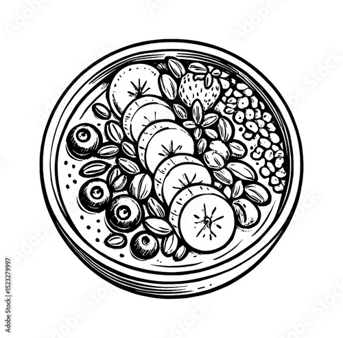 Black and White Illustration of Bowl of Fresh Fruits and Berries with Detailed Outline