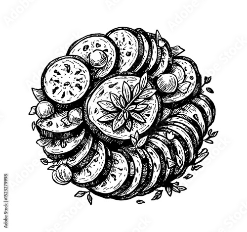 Hand Drawn Black and White Illustration of Ratatouille With Zucchini, Eggplant and Tomatoes
