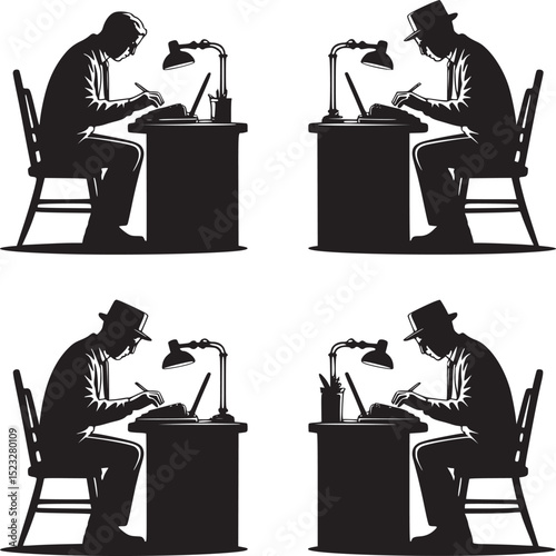 Four silhouettes of people in wheelchairs in different poses on a white background design art