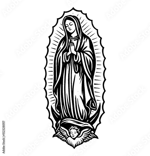 Virgin Mary Illustration in Black and White Woodcut Style with Angel