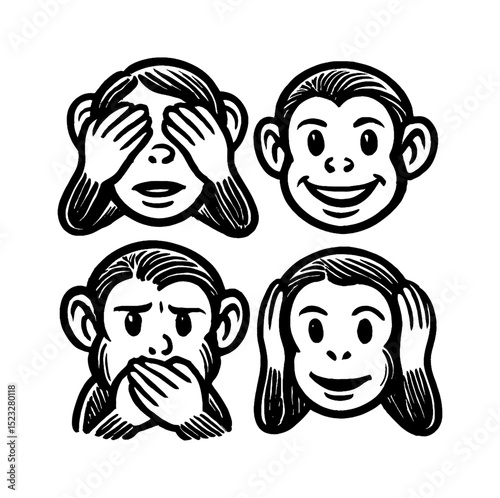 Monkeys Covering Eyes Mouth Ears in Line Art Style Representing See Hear Speak No Evil