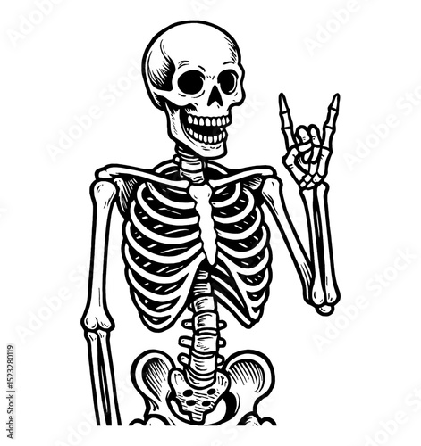 Skeleton Doing Rock and Roll Sign with Hand Bone Anatomy Detailed Black and White Illustration