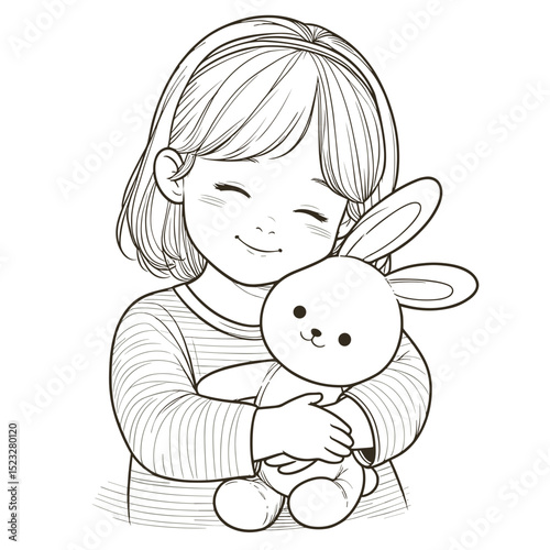 Young girl hugging stuffed bunny toy with a joyful expression  