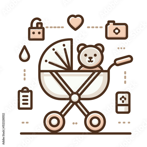 Iconic baby stroller with teddy bear and various baby-related symbols  