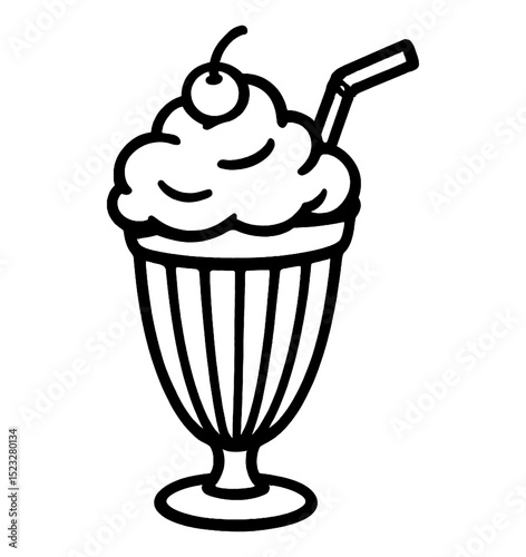 Illustration of a milkshake with cherry and straw in black and white outline style drawing