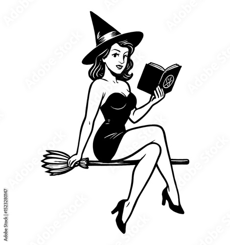 Pinup Woman Witch Sitting on Broom Reading Spellbook with Happy Expression in Black and White Illustration