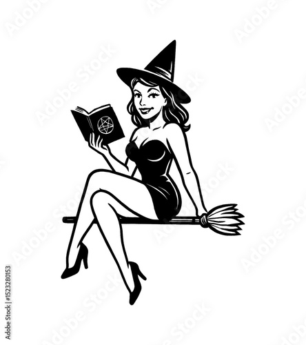 Pinup Woman as a Witch Reading a Spellbook While Sitting on a Broomstick in Illustration