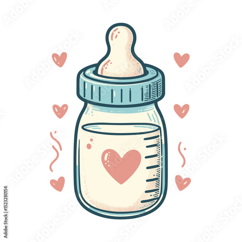 Baby bottle illustration with hearts in a playful design  
