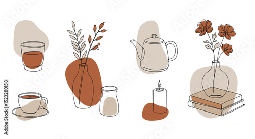 Minimalist warm-colored still life with tea, flowers, and books  