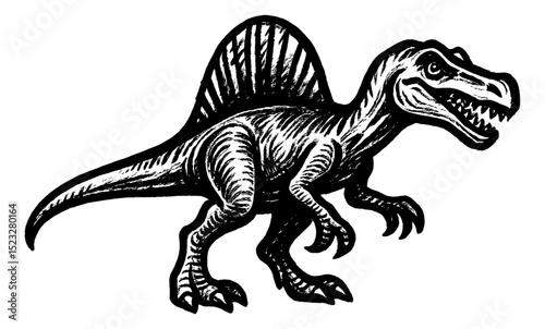 Monochrome Illustration of Spinosaurus Dinosaur with Detailed Texture and Engraved Style