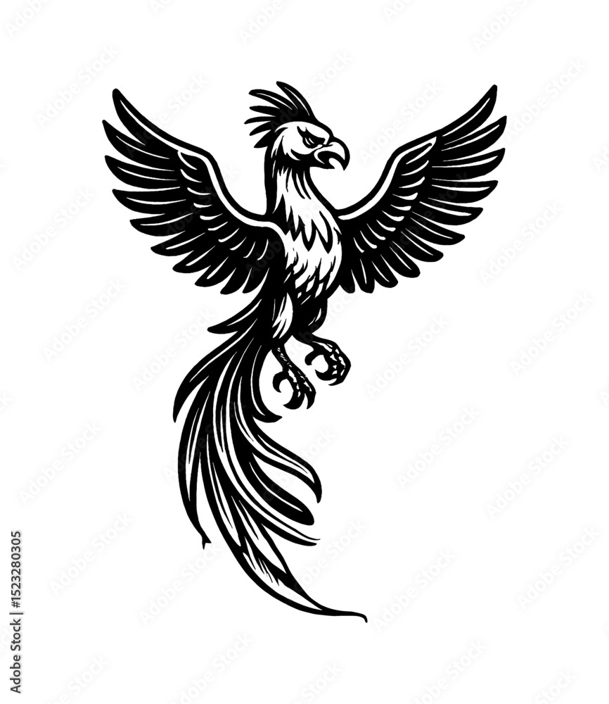 Obraz premium Majestic Black Phoenix Spreading Wings in Flight Detailed Vector Illustration on White Background