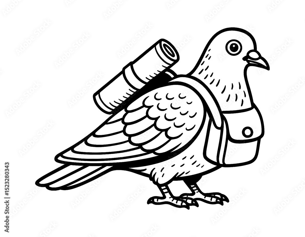 Obraz premium Pigeon with Backpack and Sleeping Bag, Cartoon Illustration in Black and White Outline Art