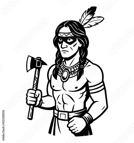 Native American Holding Axe with Serious Expression in Black and White Vector Illustration