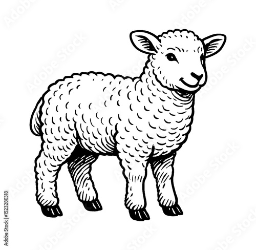 Illustration of a Lamb Standing with a Gentle Smile in Black and White Drawing