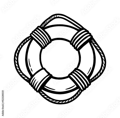 Isolated Black and White Line Art Illustration of a Square Lifebuoy with Ropes