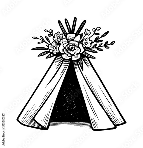 Illustration of a teepee decorated with flowers in black and white drawing