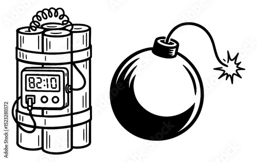 Bomb and Dynamite Black and White Illustration of Time Bomb, Deadline Vector