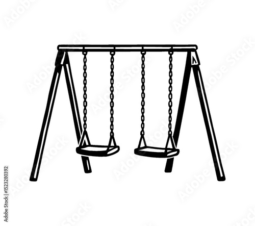 Swing set illustration with two swings hanging from chains in black and white