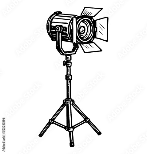 Studio spotlight on a tripod, black and white engraved vector illustration. Equipment for photo