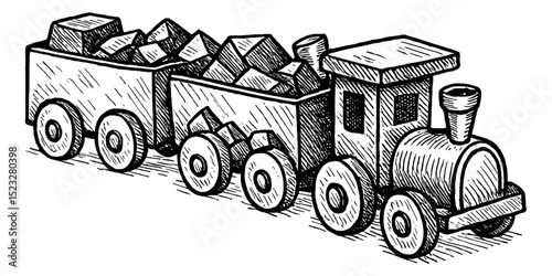 Hand Drawn Toy Train with Coal Cars in Black and White Detailed Engrave Line Art Illustration