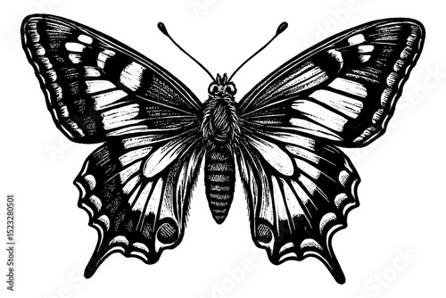 Detailed Black and White Illustration of a Butterfly with Intricate Wing Patterns on White Background