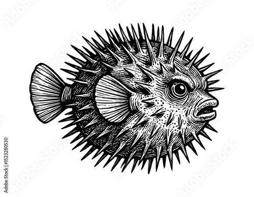 Detailed Engraving of Pufferfish with Spikes and Angry Expression in Black and White