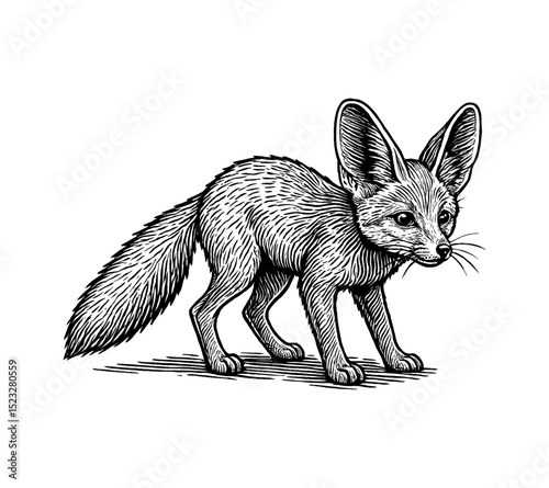 Fennec Fox Standing Profile View Detailed Engraved Illustration in Black and White