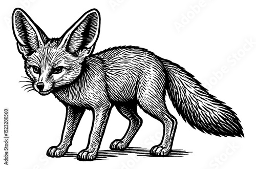 Engraved Illustration of a Fennec Fox Standing on White Background, Black and White Line Art