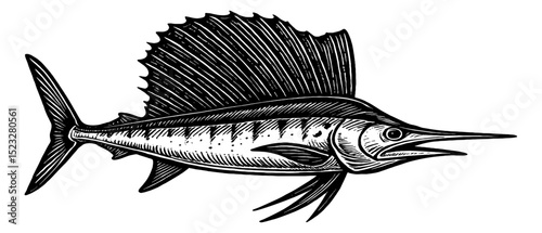 Engraved Illustration of a Sailfish with Prominent Dorsal Fin on White Background