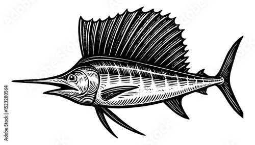 Engraved Illustration of a Sailfish in Black and White with Detailed Lines and Patterns