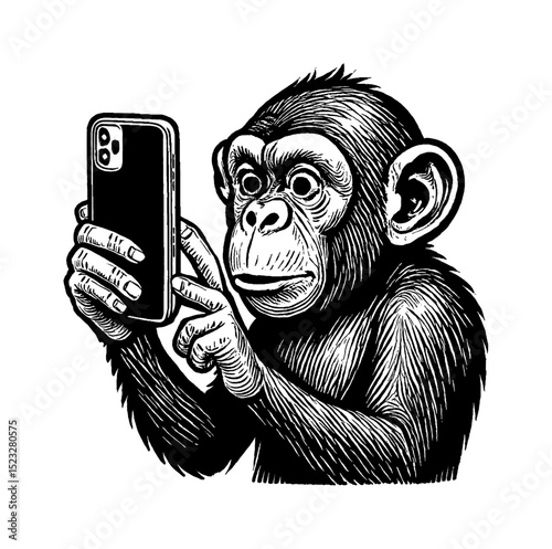 A Chimpanzee Holding and Using a Smartphone with a Surprised Expression in Black and White Illustration