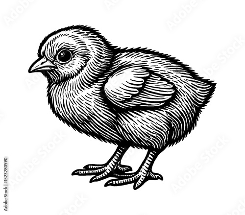 Close up of baby chick detailed vintage line art drawing isolated on white background