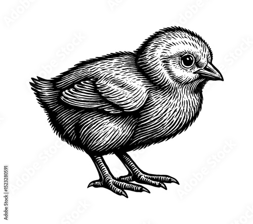 Engraved Illustration of a Chick Standing in Profile on a White Background
