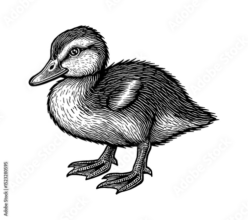 Detailed Engraving of a Duckling Standing Calmly on a White Background