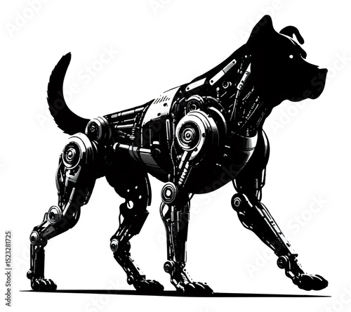 Black and white silhouette of a robot dog on a white isolated background. Vector graphics. EPS.