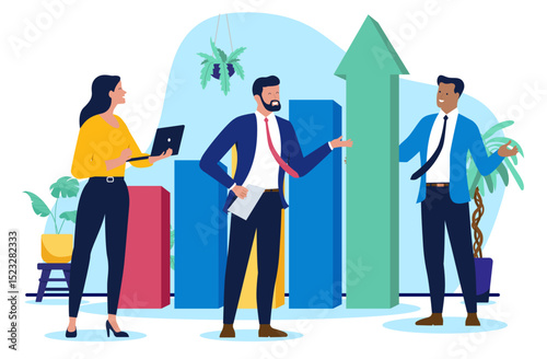 Business growth and success illustration showing professional team discussing strategy with increasing bar chart and arrow symbolising financial profit. Flat design vector illustration