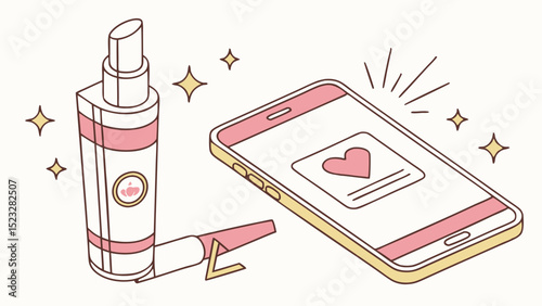 Cartoon illustration of skincare product and phone with heart icon