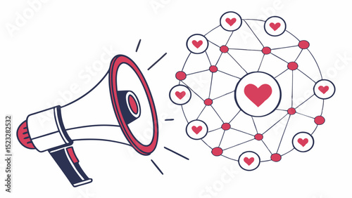 Megaphone broadcasting a network of connected hearts social media concept