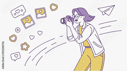 Young Woman Photographer Capturing Moment Social Media Icons Surrounding
