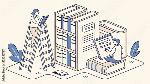 Two people working in a library with books and digital devices