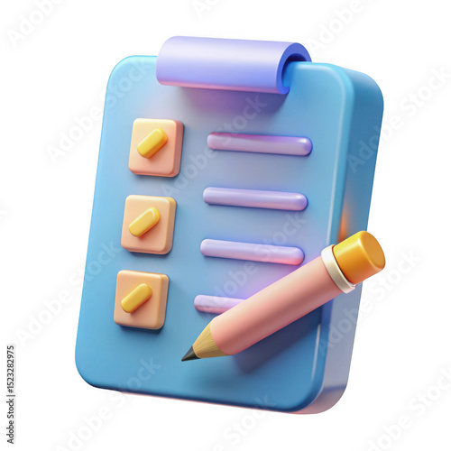 3d pastel checklist and pencil, neatly arranged, isolated on transparent background