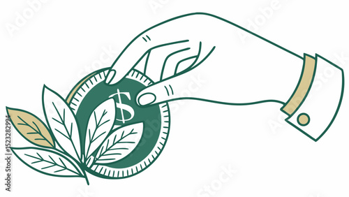 Hand Placing Coin Among Leaves Representing Sustainable Finance
