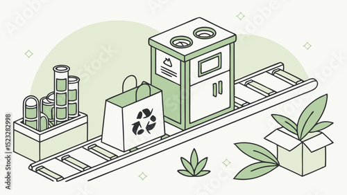 Recycling process illustration with conveyor belt containers and plants