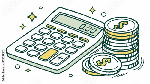 Handdrawn Illustration of Calculator and Stack of Coins