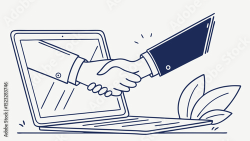 Online Business Handshake Illustration Emerging From Laptop Screen