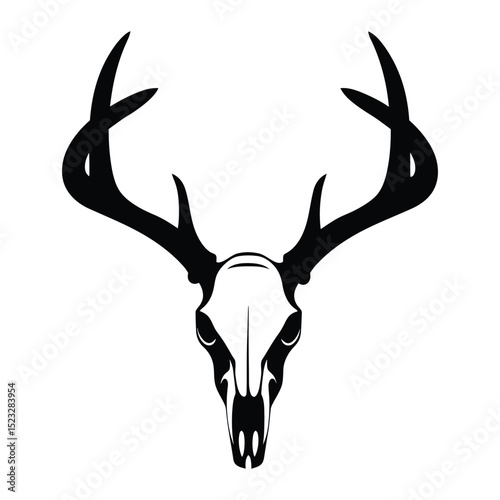 Black and white vector illustration of a deer skull with antlers viewed from the front