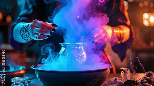 A witch brews a magical potion, enveloped in colorful smoke.
